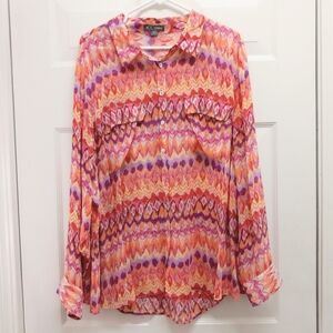 Go Silk 100% Silk Button Front Shirt Size 3X Sheer Colorful Boho Resort Wear
